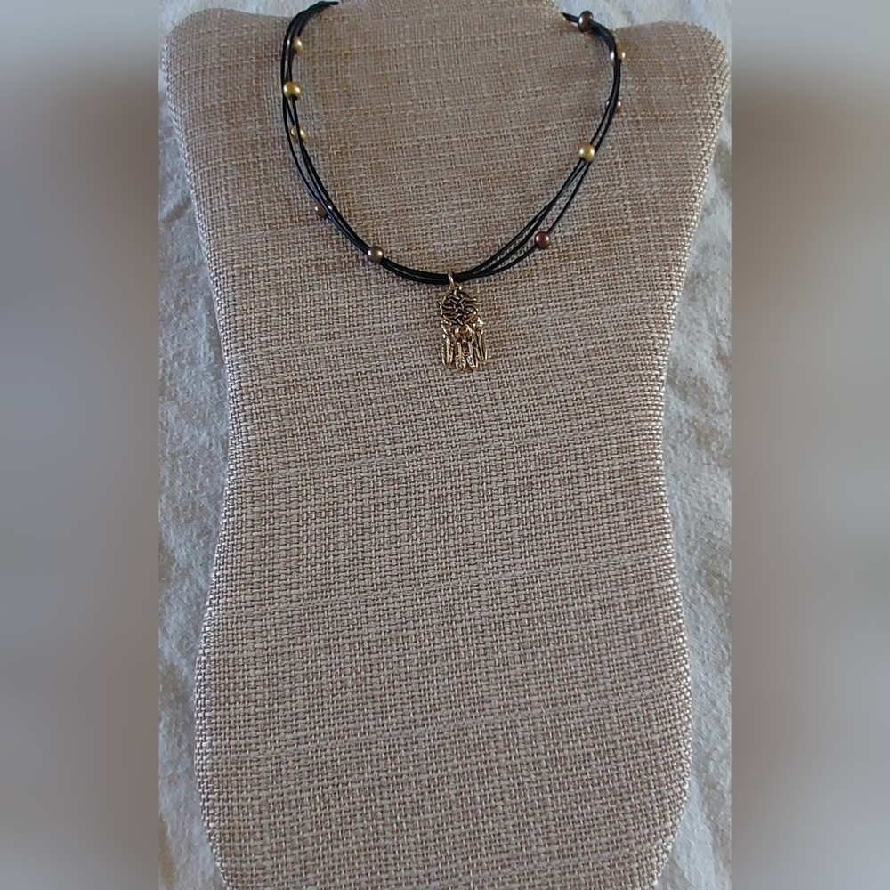 Handmade Gold & Bronze Pearls & Drecatcher Charm Black Leather Necklace